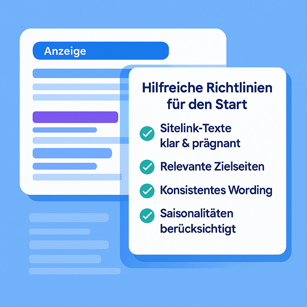 Illustration einer Google Ads-Anzeige mit Checkliste für hilfreiche Sitelink-Richtlinien wie klare Texte, relevante Zielseiten und konsistentes Wording.