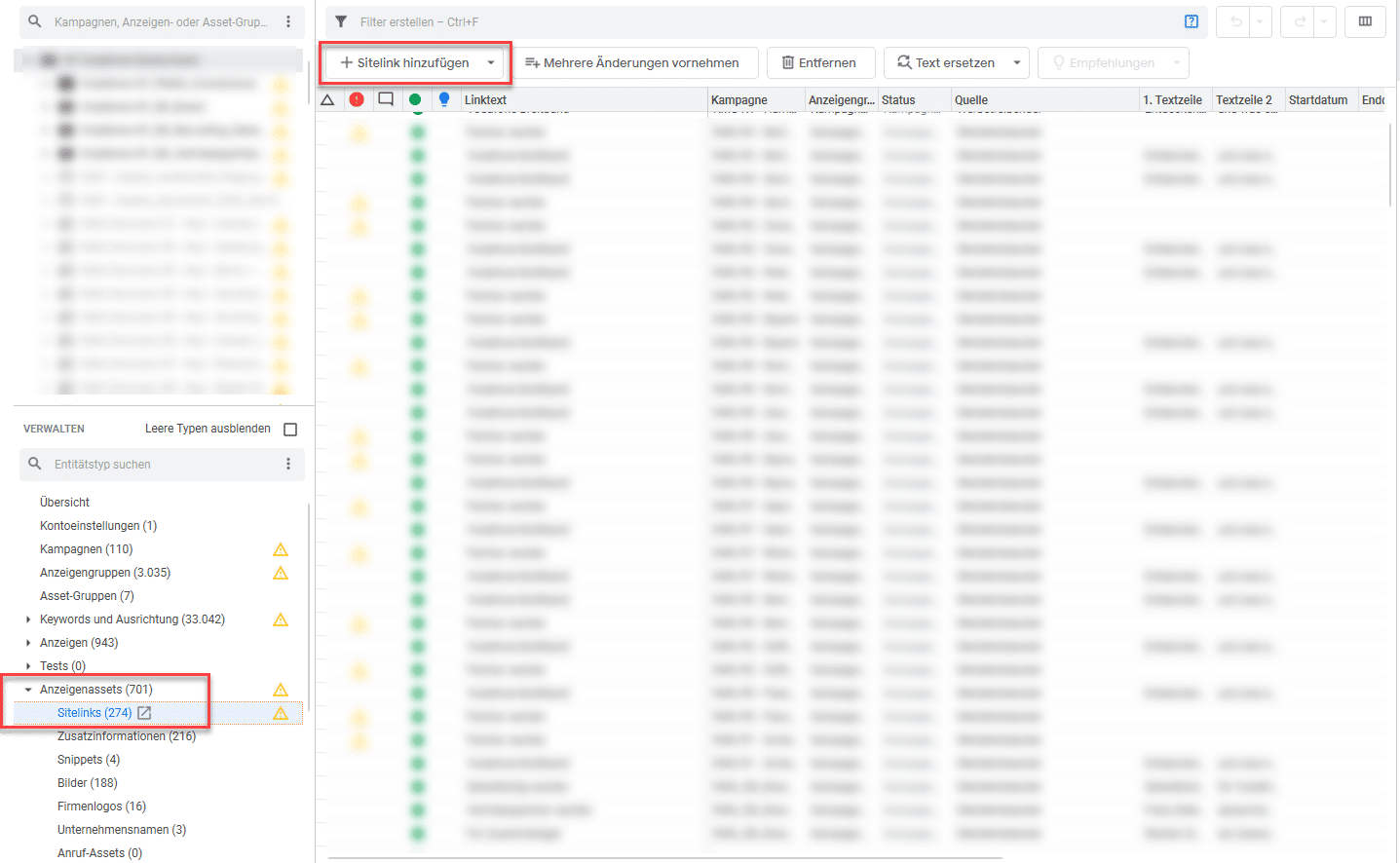 Screenshot aus dem Google Ads Editor, der das Hinzufügen und Bearbeiten von Sitelinks innerhalb des Menüs „Anzeigenassets“ zeigt.