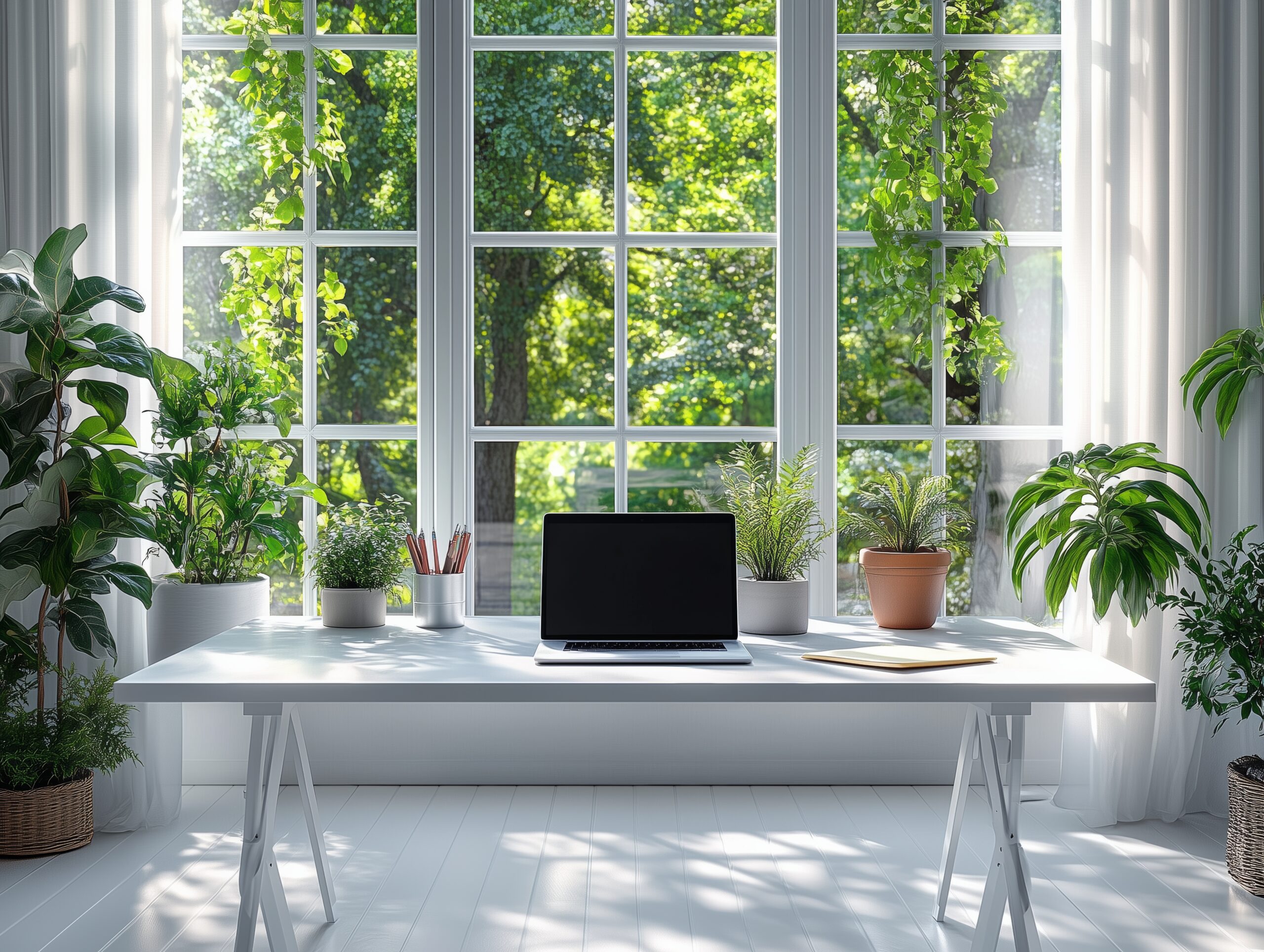 Aufgeräumter Arbeitsplatz mit Laptop auf einem Schreibtisch vor großen Fenstern und viel Tageslicht, umgeben von Pflanzen. Symbolisiert die Wichtigkeit von einer aufgeräumten Landingpage für die Performance von Google Ads-Kampagnen.