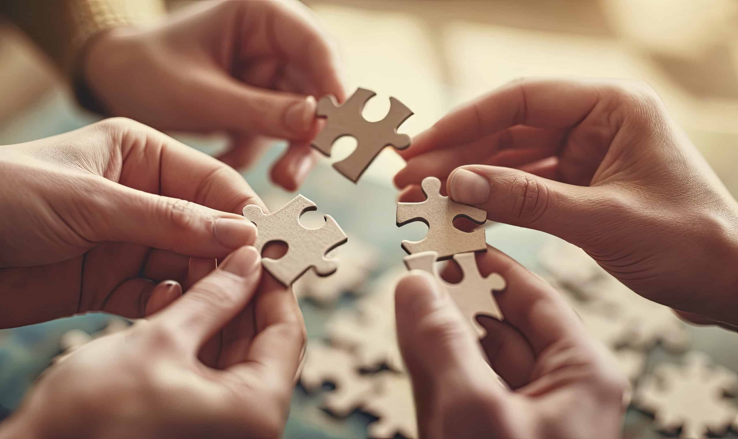 Mehrere Hände fügen passende Puzzleteile zusammen als Sinnbild für konsistente Botschaften zwischen Anzeige, Keyword und Landingpage.