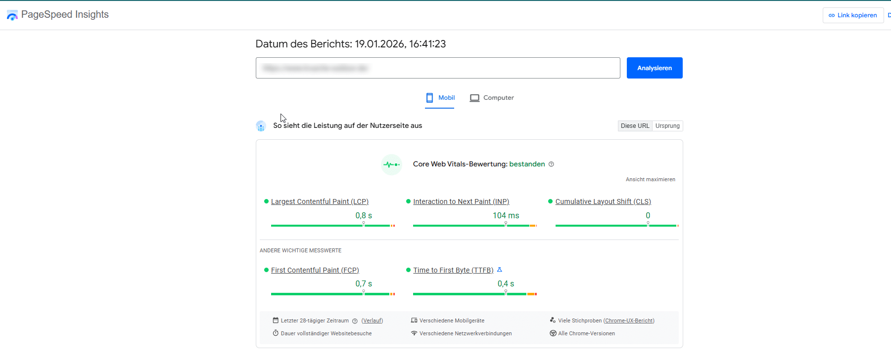 Google PageSpeed Insights-Bericht mit Core Web Vitals wie Largest Contentful Paint, Interaction to Next Paint und Cumulative Layout Shift für eine Landingpage.