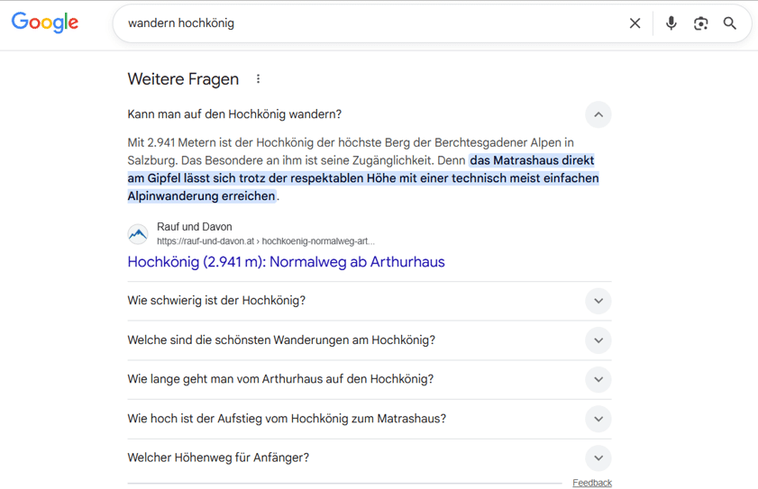 Beispiel „Weitere Fragen“ auf der SERP