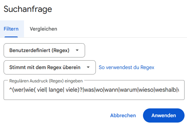 Beispiel Regex-Muster für W-Fragen in der GSC