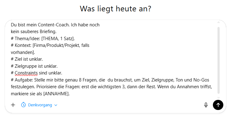 Screenshot aus ChatGPT mit Prompt für die Erstellung eines Briefings.