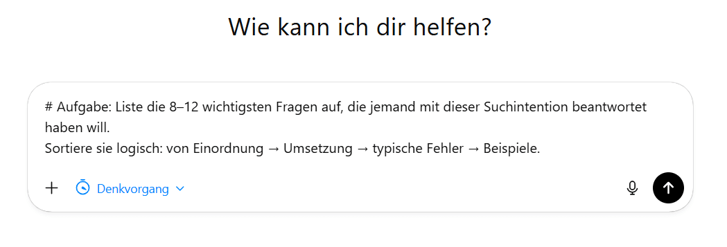 Screenshot aus ChatGPT mit Prompt für relevante Fragen eines Keywords.