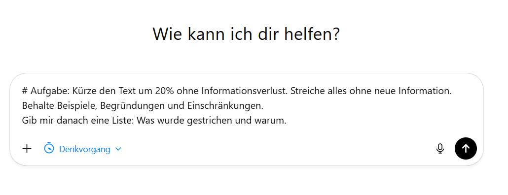 Screenshot aus ChatGPT mit Prompt für das konkrete Kürzen eines Texts.