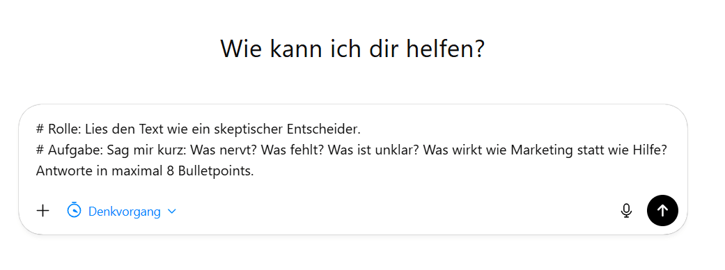 Screenshot aus ChatGPT mit Prompt für den Wechsel der Perspektive zum Aufdecken von Unklarheiten und Fehlern.