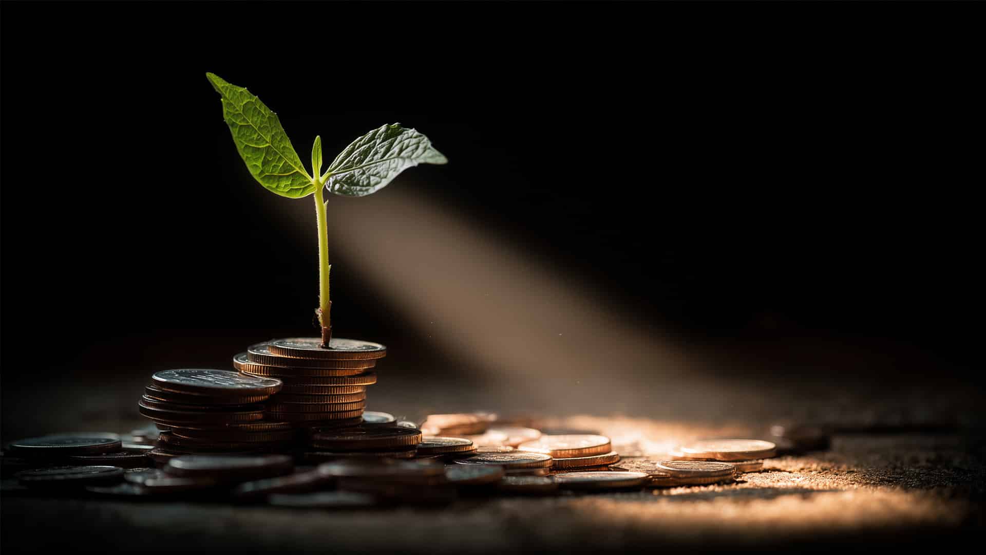 Pflanze wächst aus Münzstapel als Symbol für nachhaltiges Umsatzwachstum und Performance-Marketing.