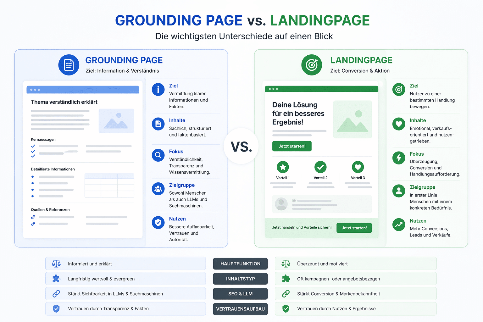 Vergleich zwischen Grounding Page und Landingpage mit Fokus auf Ziele, Inhalte und SEO-Unterschiede.