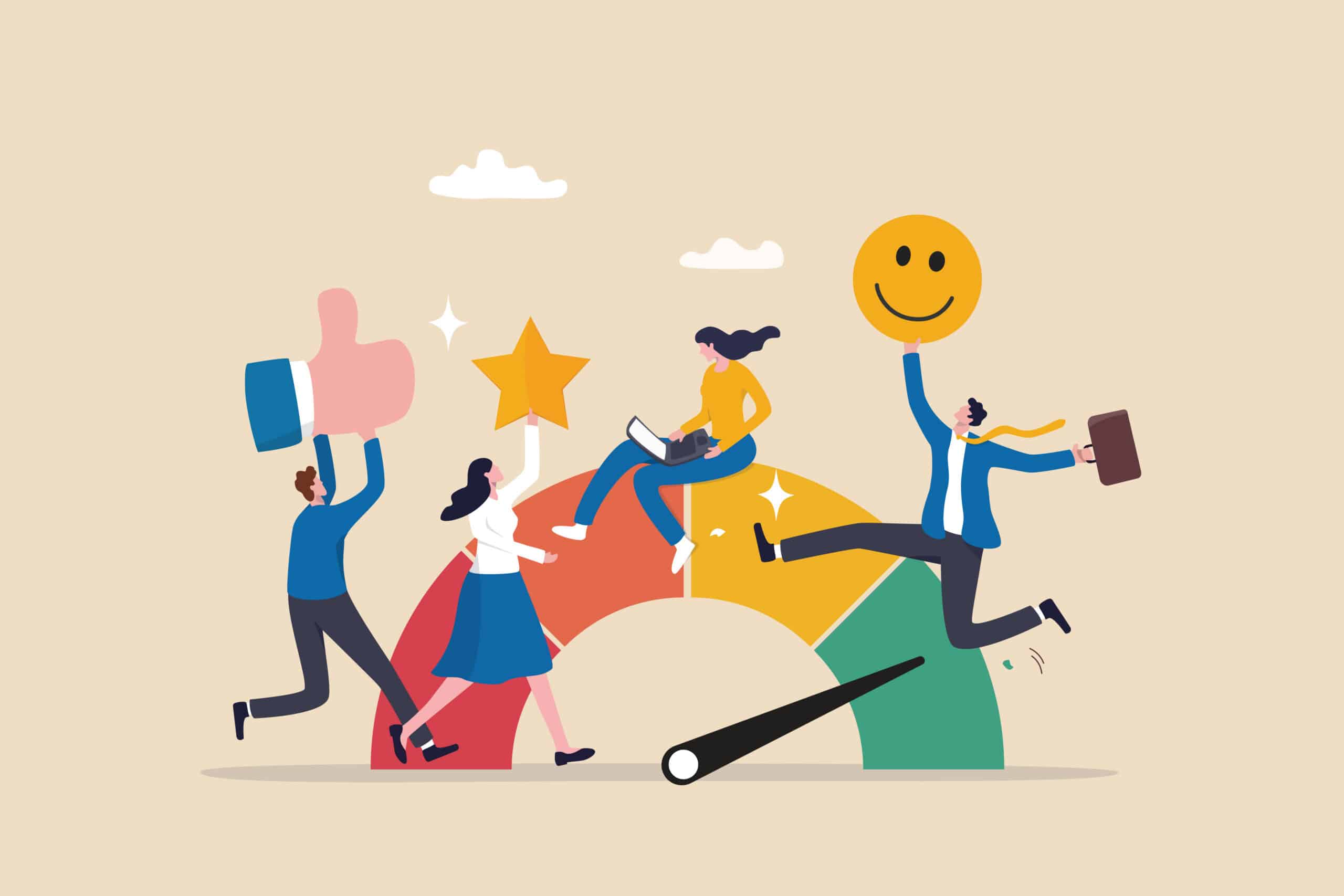 Illustration von Personen, die gemeinsam eine steigende Engagement Rate und positive Interaktionen auf Social Media symbolisieren