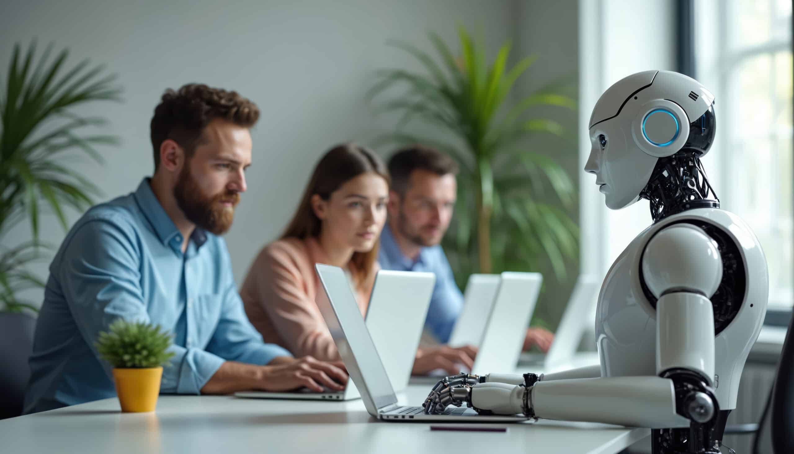  Humanoider Roboter arbeitet mit Marketing-Team an Laptops als Symbol für KI-Unterstützung in Google Ads.