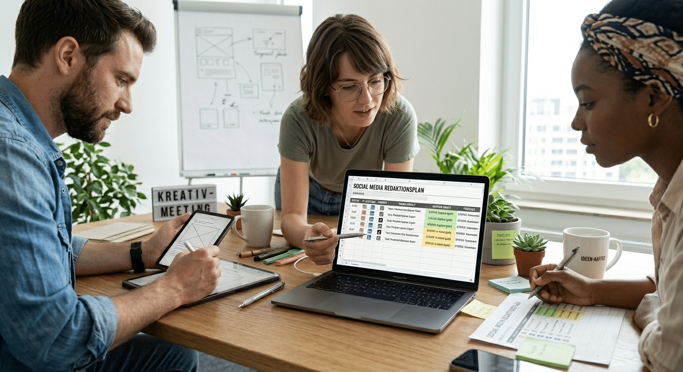 Ein Team aus drei Personen sitzt gemeinsam an einem Holztisch bei einer Besprechung. In der Mitte steht ein geöffneter Laptop, auf dessen Bildschirm eine Tabelle mit der Überschrift „SOCIAL MEDIA REDAKTIONSPLAN“ zu sehen ist.