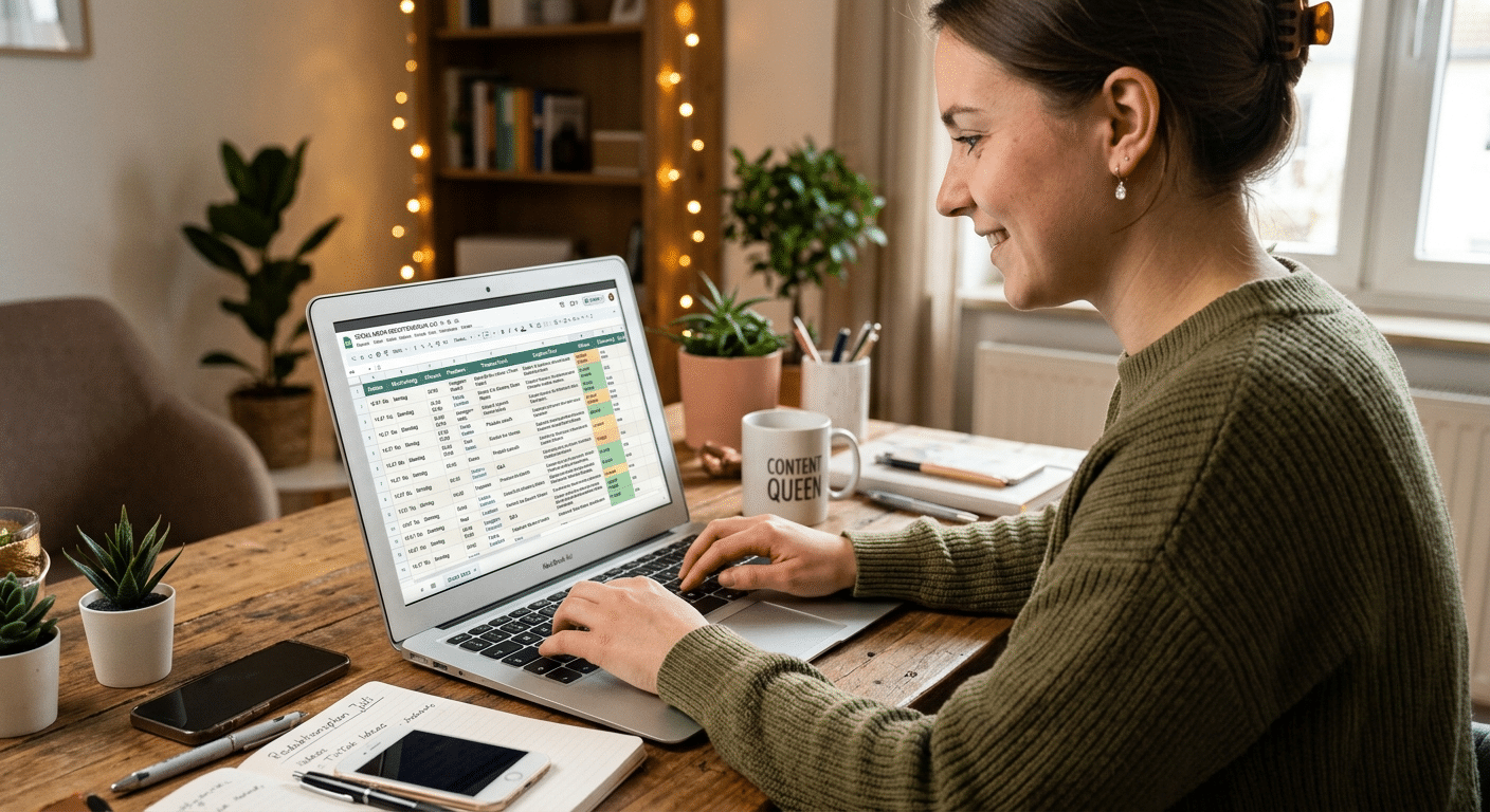 Seitenansicht einer Frau, die an einem Holztisch sitzend am Laptop arbeitet. Auf dem Bildschirm ist eine detaillierte Excel-Tabelle mit einem Social-Media-Redaktionsplan zu sehen, der Spalten für Termine, Plattformen und Inhalte enthält