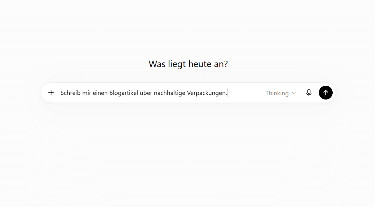 Screenshot eines Prompts in ChatGPT. Er lautet „Schreib mir einen Blogartikel über nachhaltige Verpackungen.“