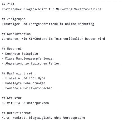 Screenshot eines Prompt-Beispiels mit Markdown.