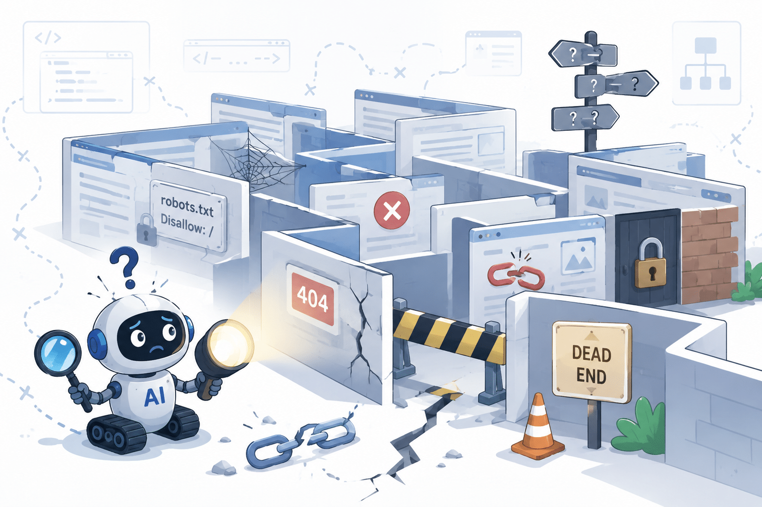 KI-Crawler steht ratlos vor einem Labyrinth aus robots.txt Sperren, 404 Fehlern und defektem Links