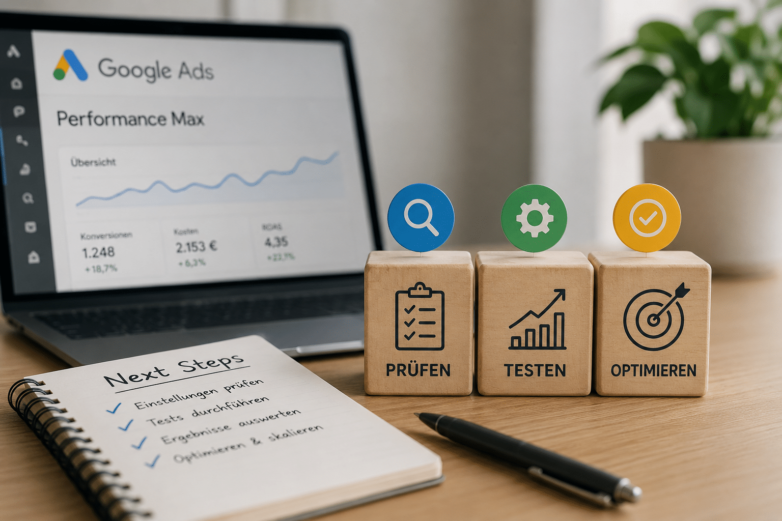 Laptop mit Performance-Max-Dashboard sowie Checkliste und Symbole für Prüfen, Testen und Optimieren als Darstellung der nächsten Optimierungsschritte.