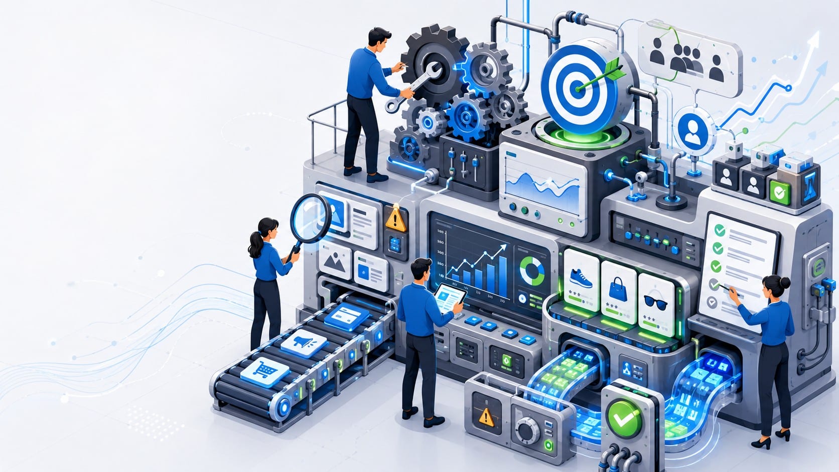 Komplexe Maschine mit Zahnrädern, Datenanzeigen und Experten, die analysieren, optimieren und Einstellungen prüfen.