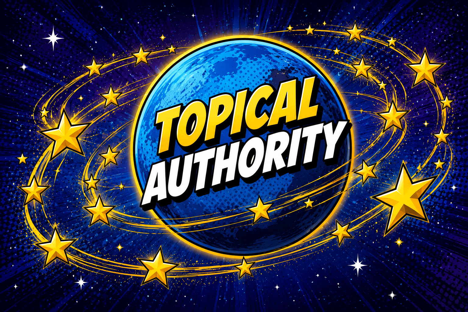 Topical Authority ist als Planet dargestellt, um den die ganzen Content-Tipps für GEO wie kleine Sterne kreisen.