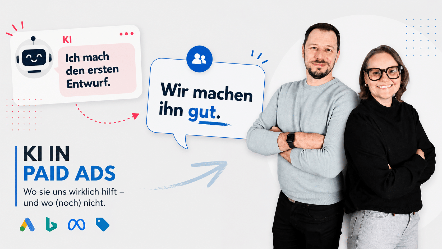 Alt-Tag: KI schlägt Anpassungen vor, Seokratie-Team prüft sie. 2 Personen stehen rechts im Bild, links 2 Sprechblasen: KI macht den ersten Entwurf, Seokratie macht ihn gut.