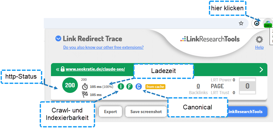 Screenshot mit Erklärungen aus dem Tool Link Redirect Trace