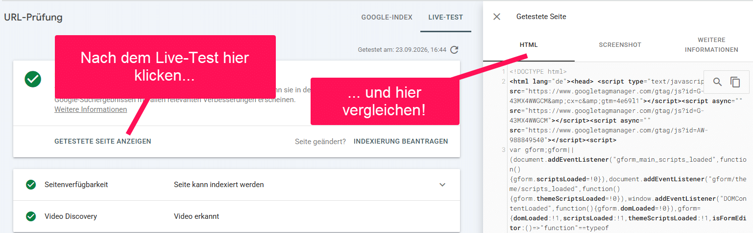 Screenshot URL Prüftool gerendeter HTML.