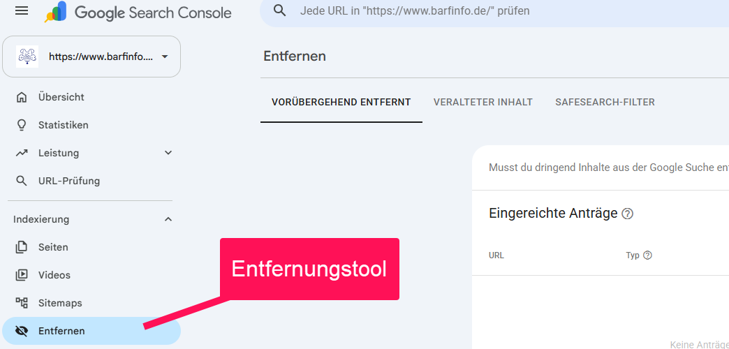 Screenshot aus der GSC Bereich „Entfernen“