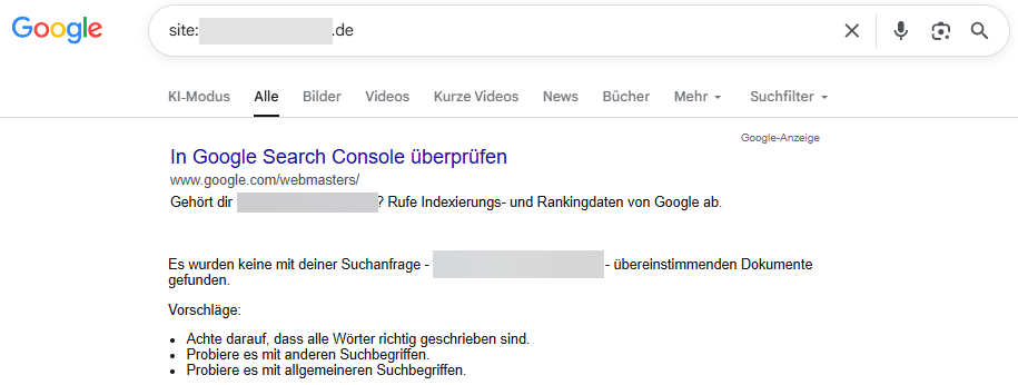 Screenshot site-Abfrage einer nicht indexierten Seite.