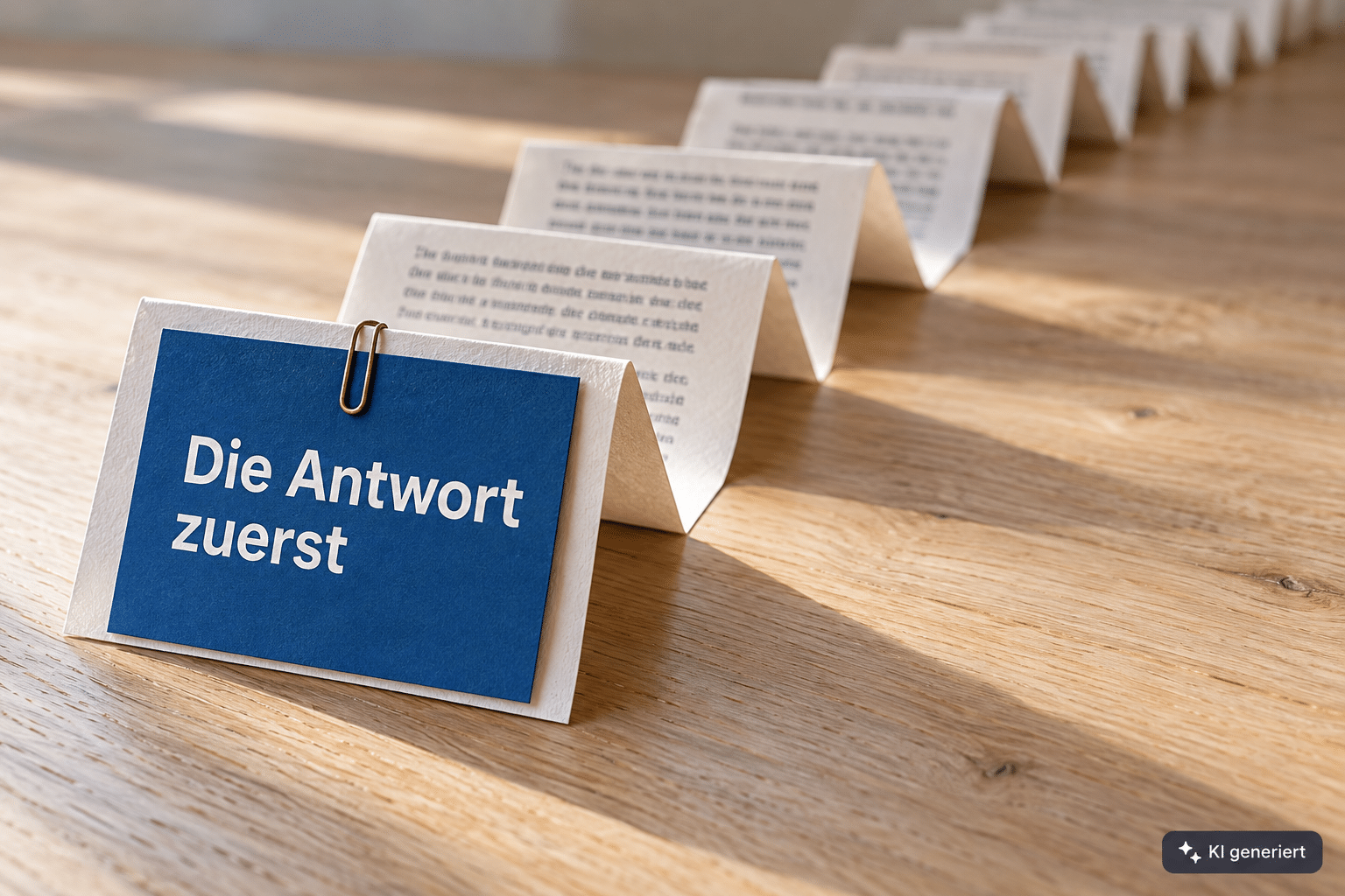Aufgefaltete Textseiten mit dem Hinweis „Die Antwort zuerst“ als Symbol für klar strukturierte Inhalte und GEO-Optimierung.