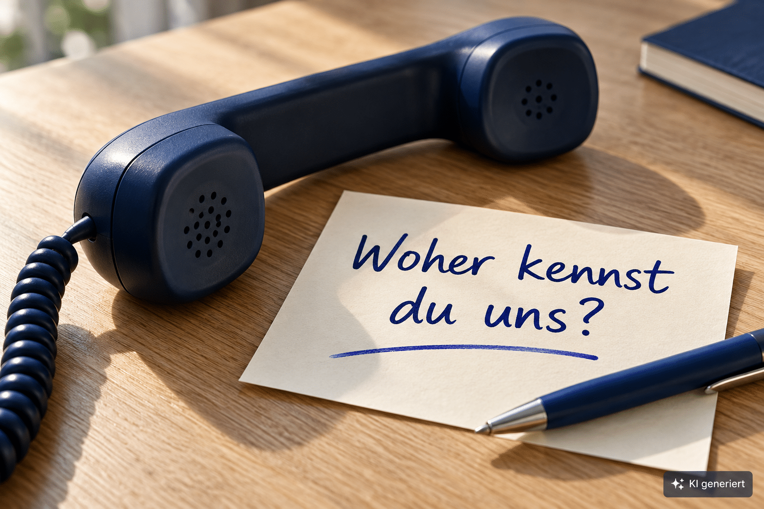 Telefonhörer neben einem Notizzettel mit der Frage „Woher kennst Du uns?“ als Symbol für die Messung von Sichtbarkeit in KI-Suchmaschinen.