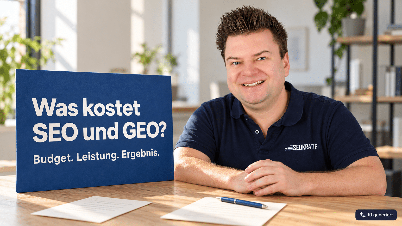 Seokratie-Geschäftsführer Julian Dziki sitzt neben einer Tafel mit der Frage „Was kostet SEO und GEO?“