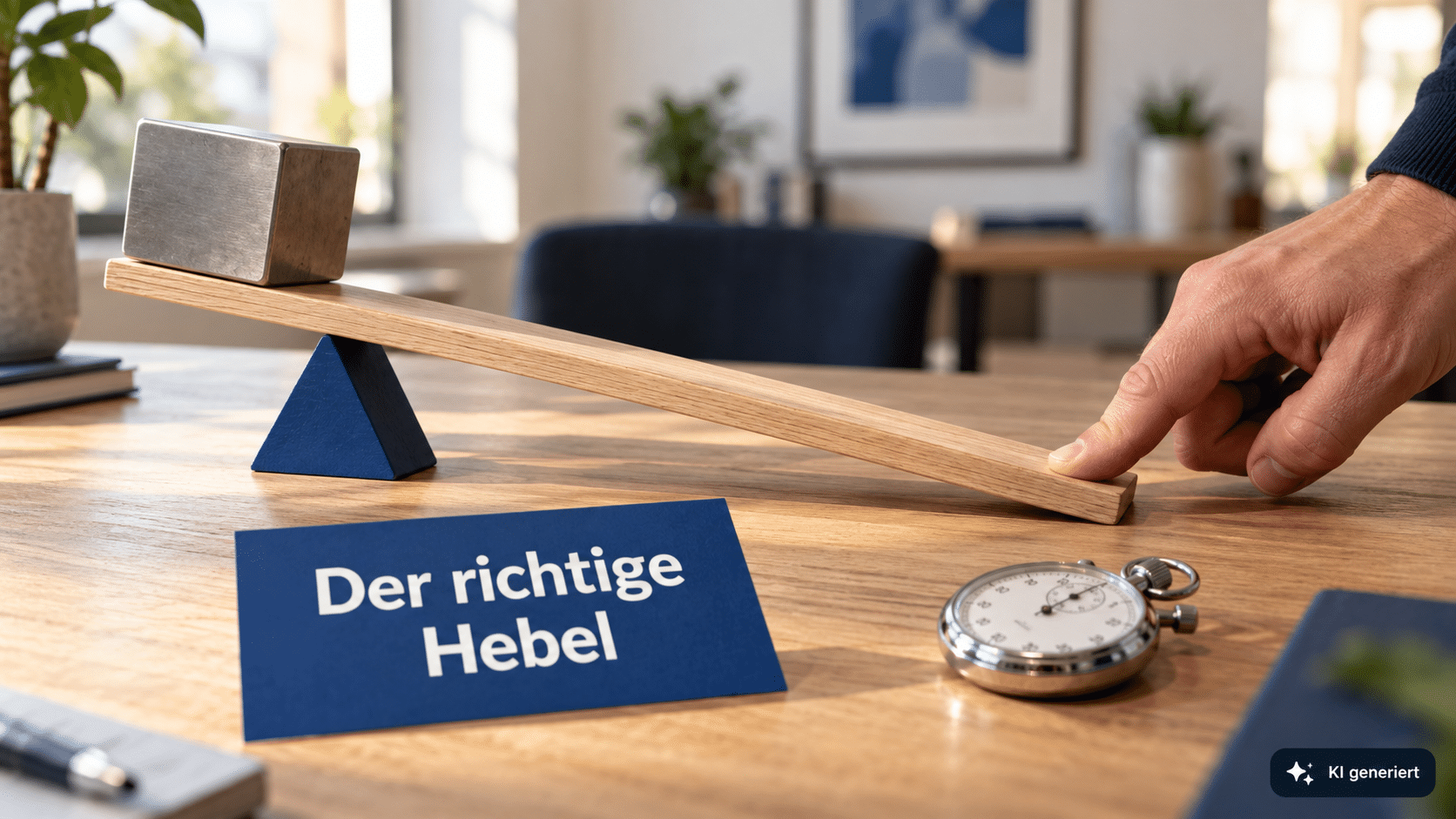 Hand drückt einen Holzhebel, der einen schweren Metallblock anhebt, daneben eine Karte mit „Der richtige Hebel“.