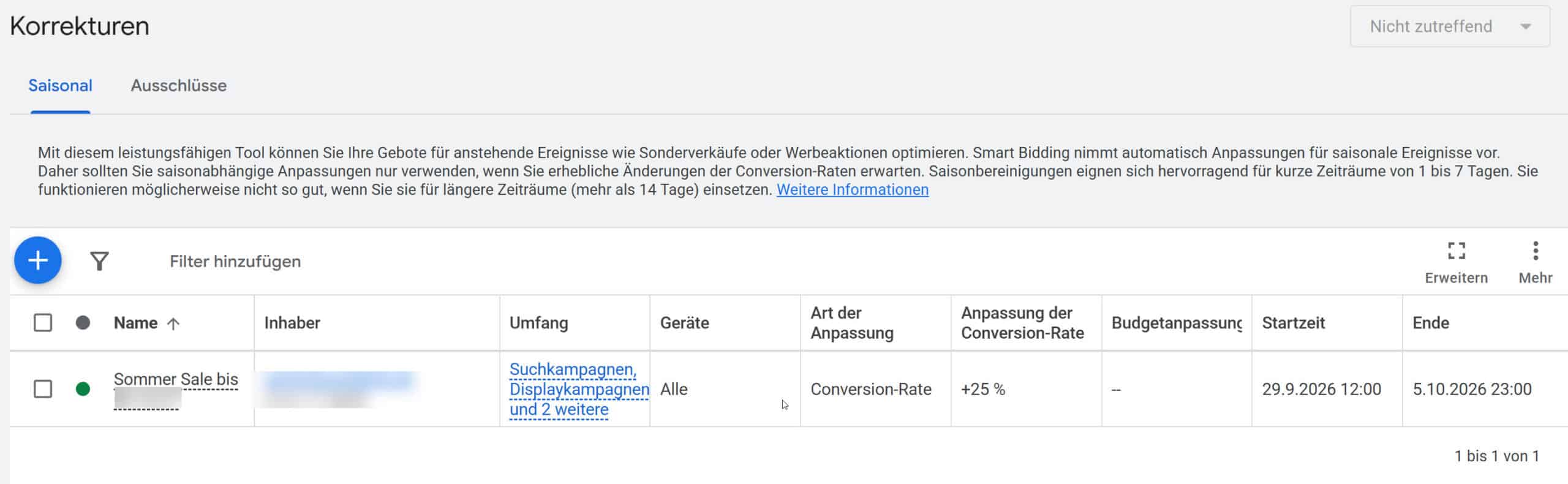 Screenshot aus der Google Ads Oberfläche mit einem Beispiel für die Conversion Rate-Erhöhung für den Sommer Sale.