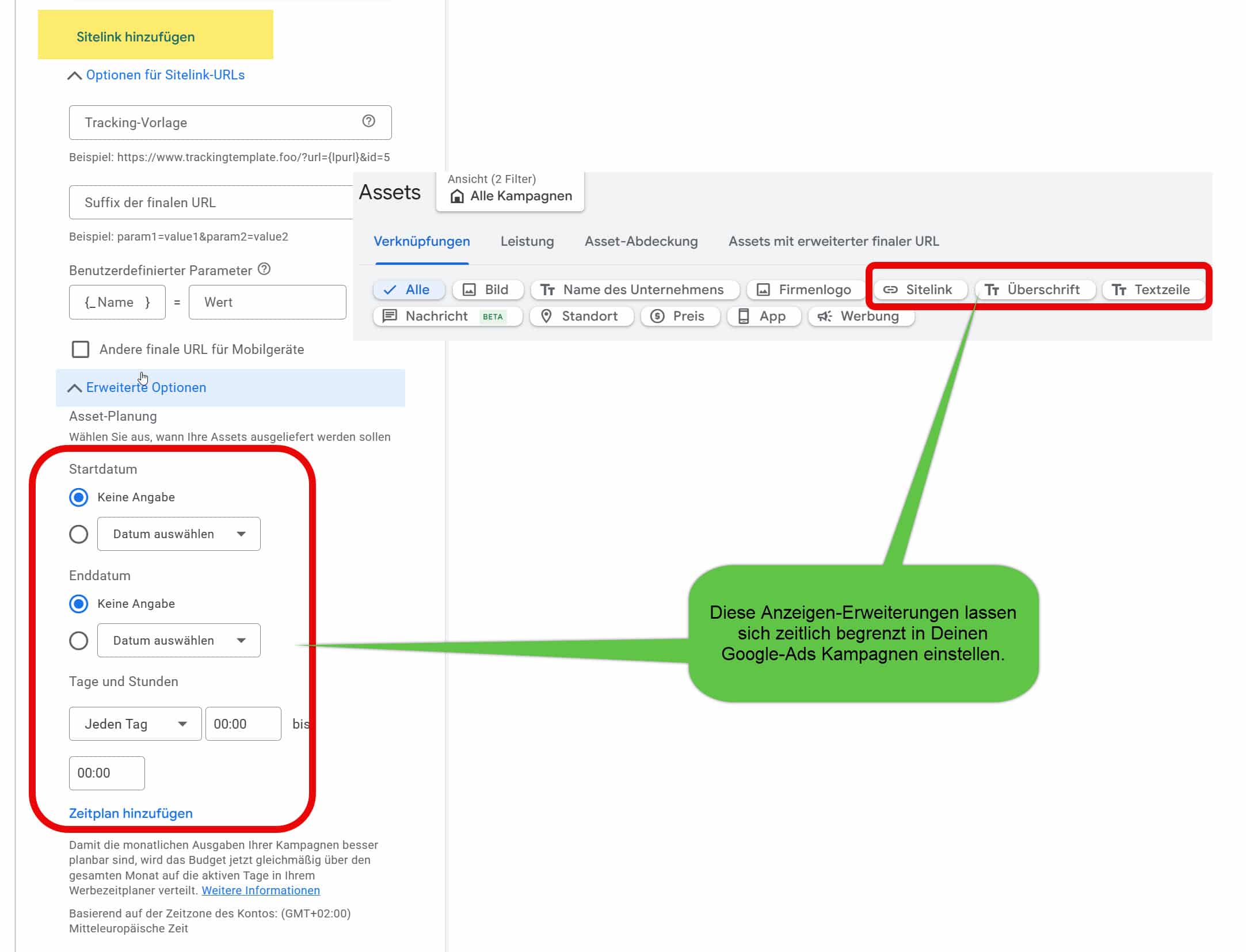 Screenshot aus der Google Ads Oberfläche mit Einstellungsmöglichkeiten für einen zeitlich begrenzten Sitelink.