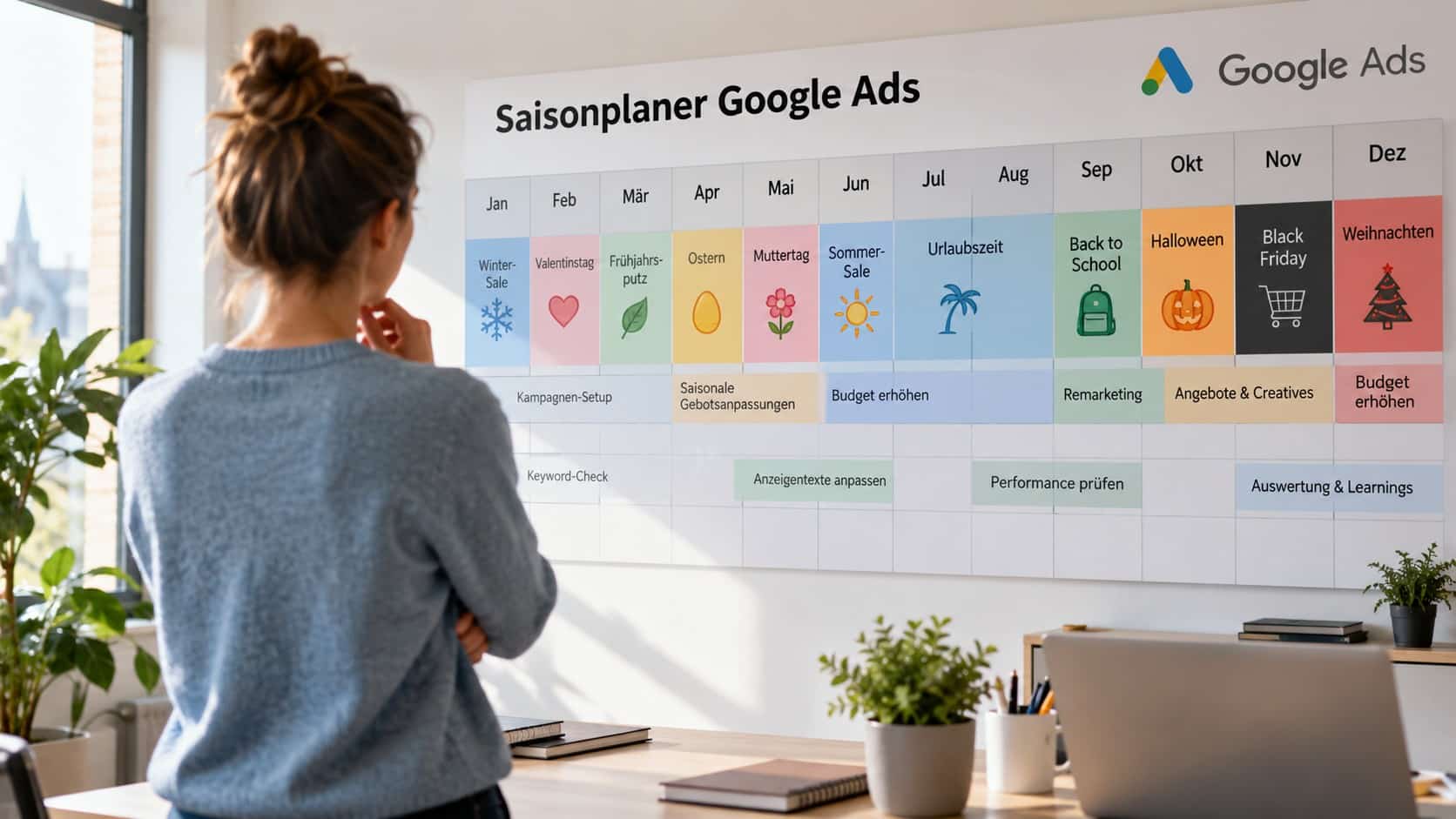Person steht vor einem Whiteboard mit einer Saisonplanung füe Google Ads.